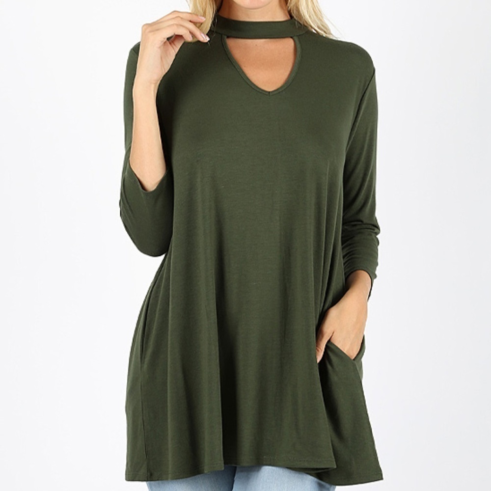 Womens Army Green Choker Cutout Tunic T-Shirt L